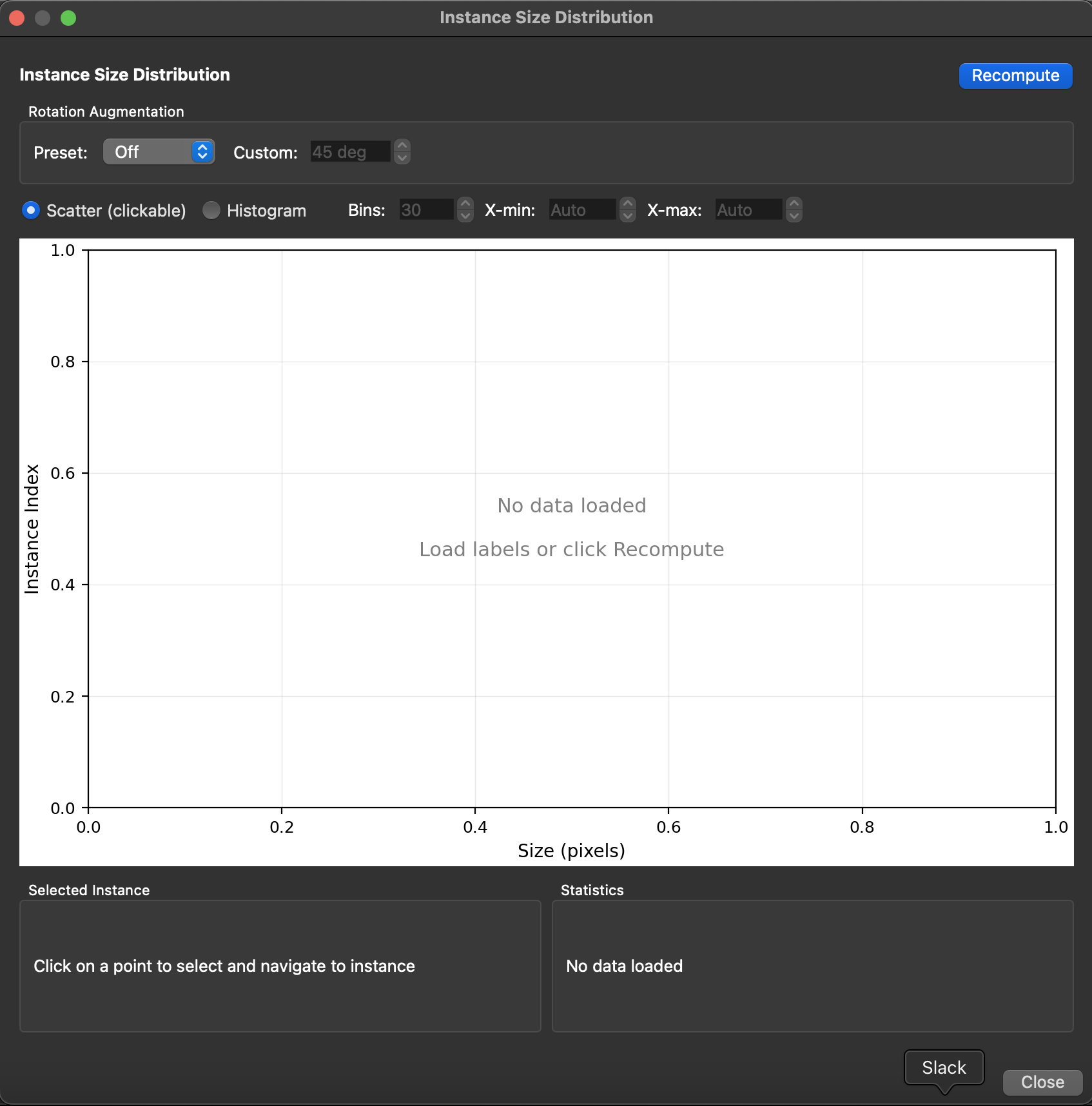 Instance Size Distribution dialog before loading data